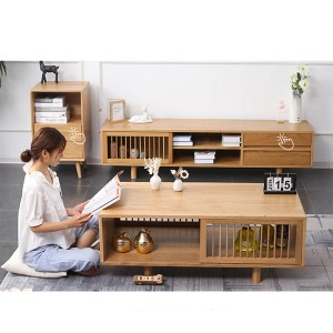 Tavolina e kafesë me dyer rrëshqitëse me dyer të rrumbullakëta të thjeshta nordik prej druri të ngurtë është një tavolinë kafeje e lëvizshme e bërë prej druri të ngurtë.