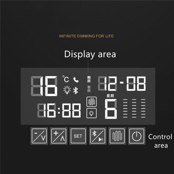 Екранот за прикажување е поделен на област за прикажување и контролна област.Областа на екранот може да прикажува температура, време итн. Контролата е поделена на прекинувач, поставување, Bluetooth, одмаглување, контролни копчиња плус и минус итн.