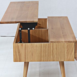 Severský minimalistický konferenčný stolík do obývačky, ktorý sa dá zdvihnúť a spustiť, hlavné masívne drevo je zladené s moderným kovaním, jednoduché a odolné.
