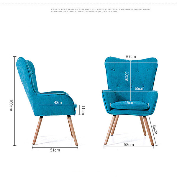 Product name: modern minimalist chair
Product model: Amal-0410
Product color: as shown or customized
Product size: 58*51*100cm
Packing standard: carton packing
Product weight: about 20kg (including packaging)
Material: wood + lint + sponge
Product features: stylish, simple, removable and washable, stable
