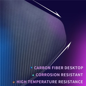 Le caratteristiche della nostra postazione di lavoro da scrivania per PC a forma di Z con superficie in fibra di carbonio e gancio per cuffie