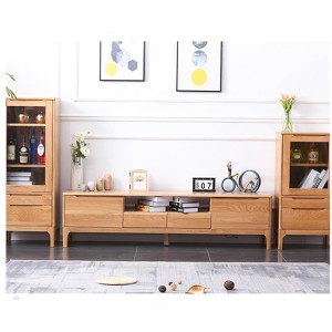 Kabineti TV me dru të ngurtë me kabinete anësore të larta dhe të ulëta është i thjeshtë dhe elegant